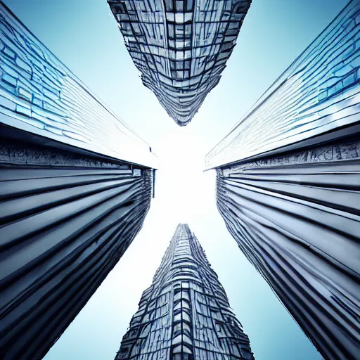 Prompt: perspection art by wlop : upwards perspective : city buildings