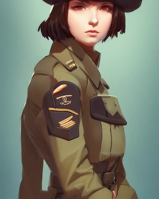 Image similar to young woman with shoulder length light brown hair and hazel eyes dressed in a sharp dark teal military uniform and beret, anime, ilya kuvshinov, greg rutkowski, guweiz, ross tran, loish, svetlana tigai, artgerm, artstation trending, concept art, digital painting