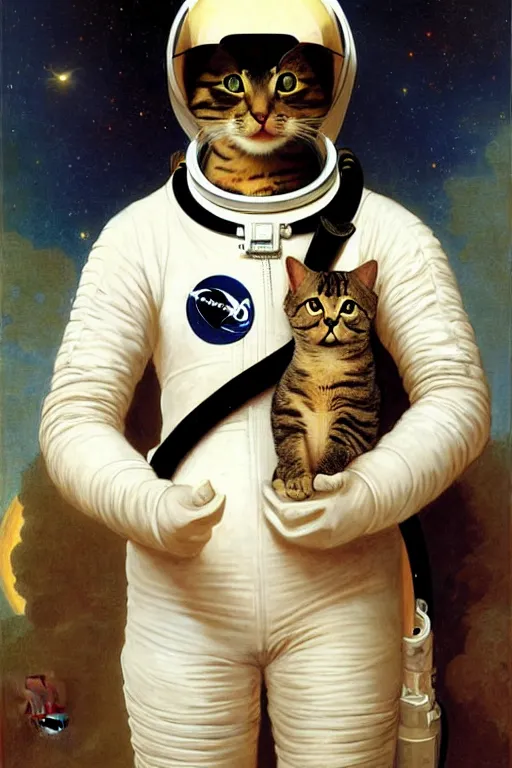 Image similar to portrait of a cat astronaut with spacesuit and helmet, majestic, solemn, by bouguereau