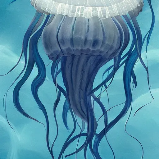 Prompt: illustrious atmospheric illustration of a jellyfish floating underwater by xi zhang, pinterest, 2 d art, concept art, blue pigment, waves