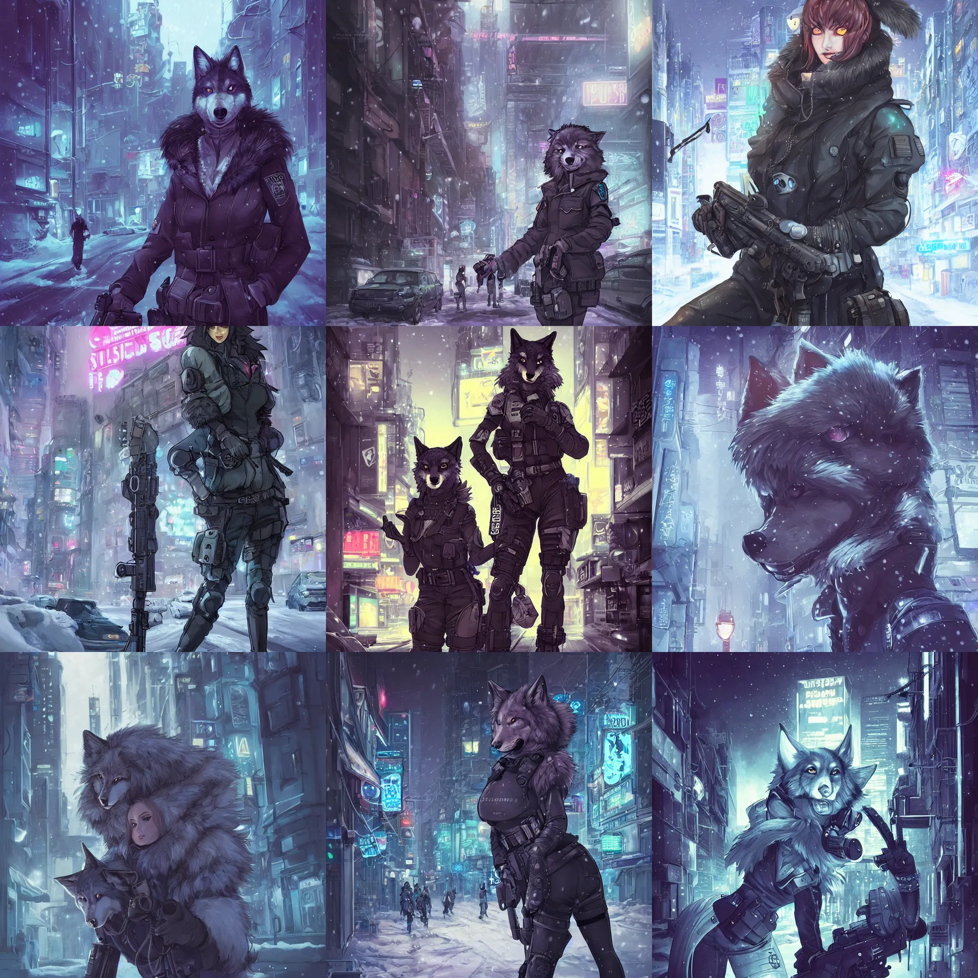 Image similar to beautiful furry art portrait commission of a female furry anthro wolf fursona both wearing a tactical swat uniform in the streets of a cyberpunk city at night in the snow. neon signs. character design by charlie bowater, ross tran, artgerm, and makoto shinkai, detailed, inked, western comic book art