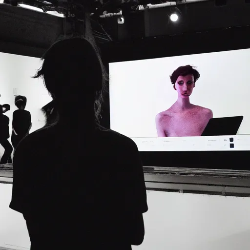 Image similar to art curator looking at a screen with a chat interface, recursive, on stage in the middle of a fashion show in the style of grand chamaco and stanley kubrick, inspired by y - 3, photorealistic, epic, super technical, cinematic still