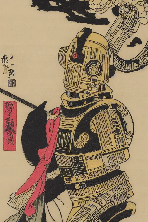 Prompt: Japanese woodblock print of C3PO and r2d2 , cherry blossom, Hokusai