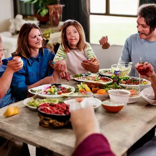 Image similar to a family sitting around the dinner table eating parts of a live cow