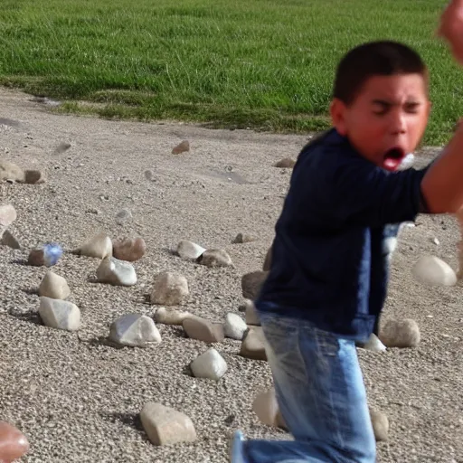 Image similar to angry guy throwing rocks at children