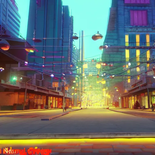 Image similar to Downtown Mexico, string lights, colorful lighting, night, unreal engine 5 tech demo, octane render, Frank Lloyd Wright ((Studio Ghibli))