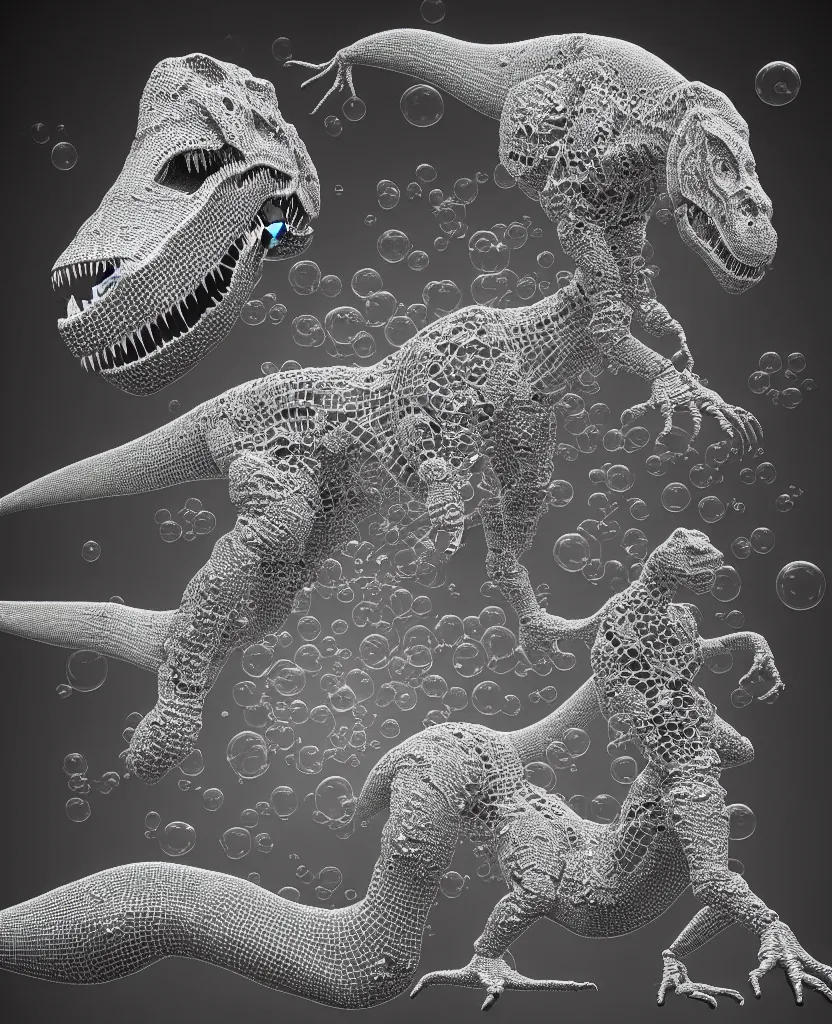 Prompt: realistic extremely detailed photo style painting of a complete t-rex with exposed diamond 3d fractal lace iridescent bubble 3d skin clear brain+ one hand holding a glowing sparkle plasma spear and multiple chest arm and legs chelate appendages and in a jumping float Pose, inside a room made of solid dark 3d diamond iridescent fractal lace bubble materials, monolithic retro futuristic ,water , style hybrid mix of beeple+Anton Pieck+Jean Delville+ Amano,Yves Tanguy+ Alphonse Mucha+ Ernst Haeckel+ Edward Robert Hughes+Stanisław Szukalski , rich moody colors,diamond dust glitter and sparkles, holographic krypton ion,blue eyes,octane render,4k, f32,55mm photography,wide angle ,jumping float Pose,full shot