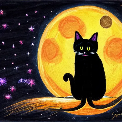 Image similar to black cat with glowing eyes looking up at the moon in a very dark open field at midnight with fireflies in the air and lots of stars in the sky, digital painting, highly detailed, magical, beautiful