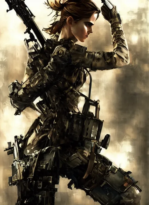 Prompt: fashion model emma watson wearing metal gear armor holding rifle dramatic lighting art by Yoji Shinkawa by Richard Schmid by Sandra Chevrier cinematic dramatic