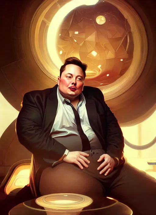 Image similar to obese elon musk, portrait, intricate, elegant, highly detailed, digital painting, artstation, concept art, wallpaper, smooth, sharp focus, illustration, art by artgerm and greg rutkowski and alphonse mucha