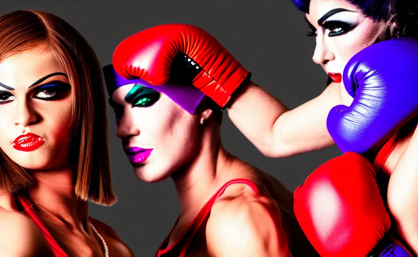 Image similar to boxing girl with drag queen, no blur, 4 k resolution, ultra detailed