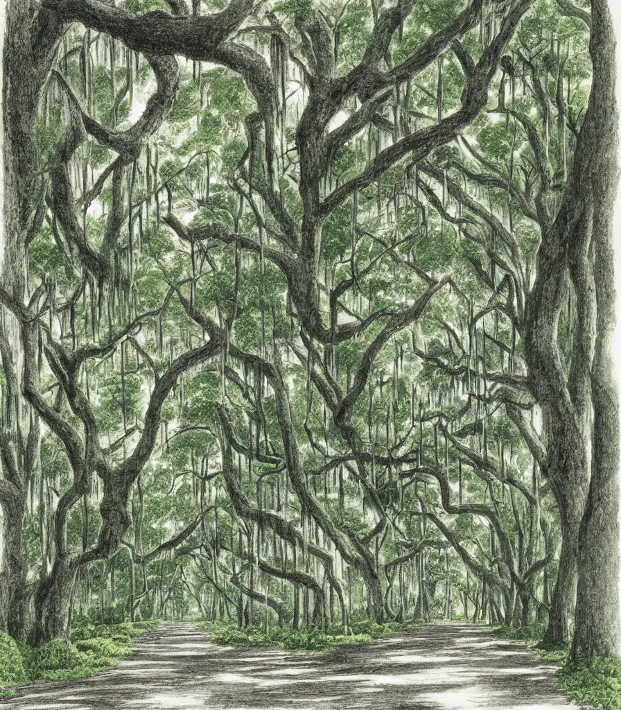 Prompt: southern plantation lane of trees hanging moss abandoned single point perspective illustration by maurice sendak