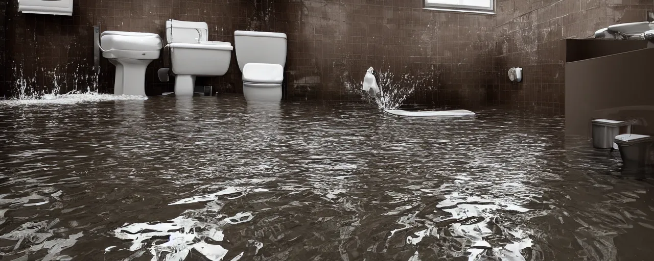 Prompt: a flooded bathroom exploding