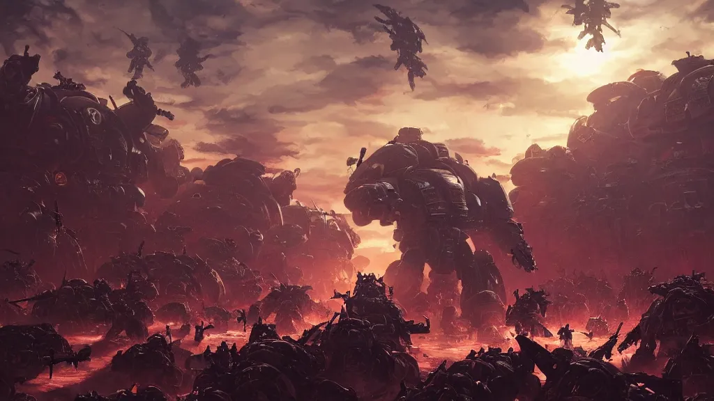 Image similar to a photorealistic hyperrealistic render of an epic close quarters last stand battle between an outnumbered squad of space marines and genestealers from warhammer 4 0 k by greg rutkowski, james paick, wlop, nicolas bouvier sparth, artgerm, dramatic moody sunset lighting, long shadows, volumetric, cinematic atmosphere, octane render, artstation, 8 k