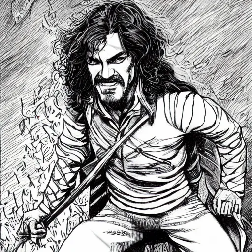Prompt: precisely drawn illustration of Inigo Montoya blended with Prince Harry, wide angle, sharp, fine details, French comic style, vibrant realistic colors, full color, heroic fantasy, intense line art, 8k, precise linework, realistic, in the style of Heavy Metal Comics and Richard Corben and Moebius