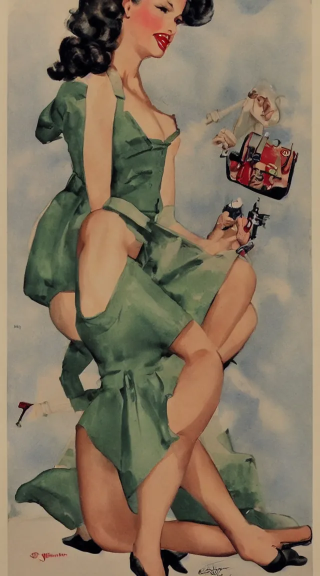 Image similar to full body pin up post war dressing a military unioform,with a park in the back ground, water color, Gil Elvgren style