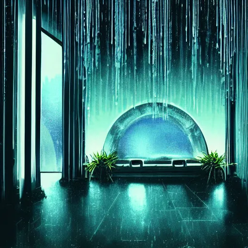 Image similar to 80s interior with arched windows, neon rain, hanging plants, cinematic, cyberpunk, lofi, calming, dramatic, fantasy, by Moebius, by zdzisław beksiński, Fantasy LUT, high contrast, epic composition, sci-fi, dreamlike, surreal, angelic, cinematic, 8k, unreal engine, hyper realistic, fantasy concept art,