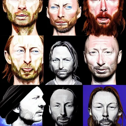 Image similar to versions collage, hyper realistic, many variations of thom yorke, very old, face variations, various emotions, various poses, high quality, brush stroke