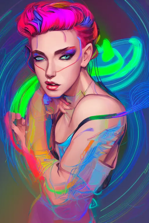 Prompt: a award winning portrait of a beautiful woman with stunning eyes in a one off shoulder crop top and cargo pants with rainbow colored hair, outlined by whirling illuminated neon lines and fine lines swirling in circles by greg tocchini, digital art, trending on artstation