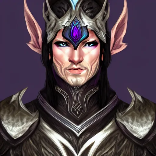 Image similar to Portrait of a seasoned muscular elven warrior in black and purple armour and wolf skin. In style of Hyung-tae Kim, concept art, trending on ArtStation, Korean MMORPG.