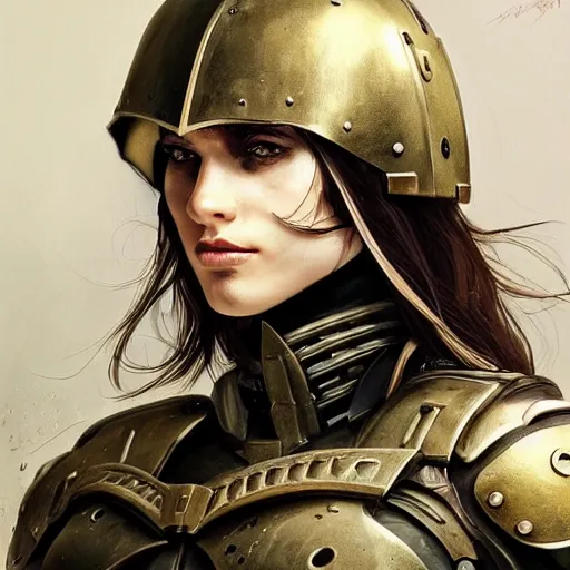 Image similar to a full-face portrait of an attractive young woman, clothed in battle armor, olive skin, long dark hair, beautiful bone structure, symmetrical facial features, intricate, elegant, highly detailed, digital painting, trending on Artstation, concept art, smooth, sharp focus, illustration, from Metal Gear by Ruan Jia and Mandy Jurgens and Artgerm and and william-adolphe bouguerea, award winning