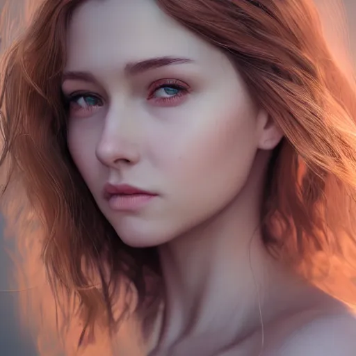 Image similar to a realistic photo portrait of beautiful 👧 with soft 👀 fashion modeling pose, full body, like a professional model, face by WLOP, body by Alex Flores, face symmetry, style of Dan Luvisi, and Charlie Bowater, artstation, rendered, cinematic color grading, muted colors, soft light, rule of thirds, cinematic