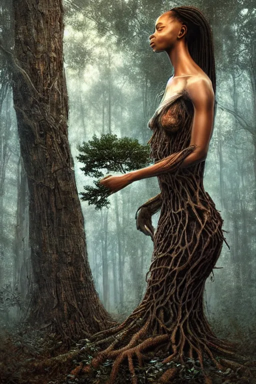 Prompt: hyperrealistic digital art masterpiece very beautiful! black woman with detailed exoskeleton armor, touching tree in a forest, brad kunkle elson peter, dramatic blue light low angle hd 8k sharp focus