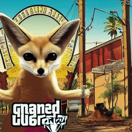 Image similar to fennec fox as a GTA V cover art