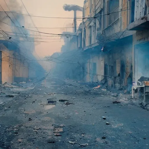 Image similar to a Film still of Karachi streets abandoned, on fire, dramatic, 4k, in the new Christopher Nolan movie