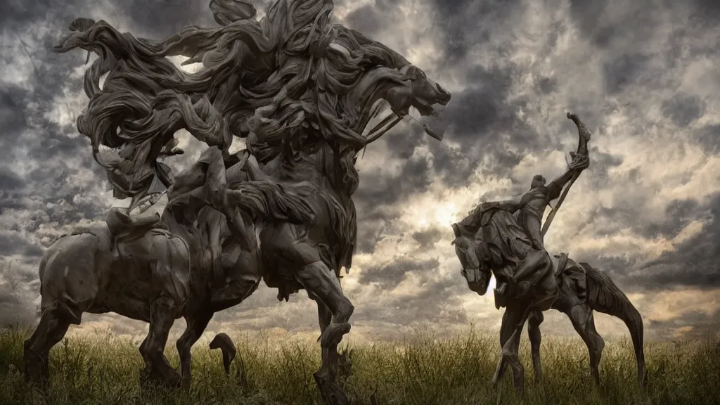 Image similar to Stylized Ife carved sculpture of horseman wearing dark shades and dreadlocks that flow to the ground like data cables, hdr background, cinematic lighting, very detailed, depth of field, Octane Render