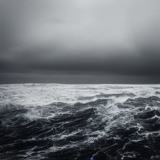 Prompt: dark ocean, towering waves, grey - scale, highly turbulent, deep focus, dark sky, high point of view