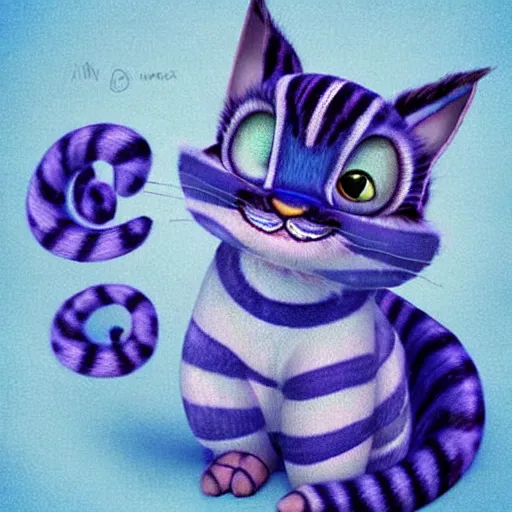 Image similar to cute blue striped cheshire cat. an adorable cat with light blue stripes, blue eyes and a big mischievous smile. stunning digital art by eva balloon. fluffy, soft
