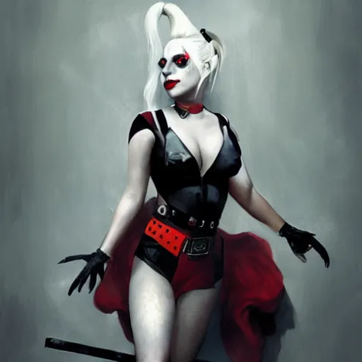 Image similar to lady gaga as harley quinn, painted by wenjun lin, greg rutkowski