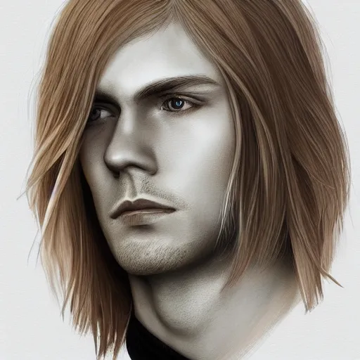 Image similar to a young blond man with long hair wearing a brown shirt, a character portrait by lydia field emmet, trending on cg society, photorealism, wiccan, handsome, ilya kuvshinov