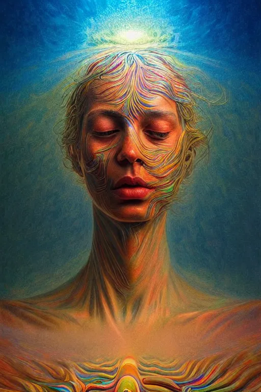 Image similar to hyperrealistic close-up baroque psychedelic!! celestial organic thing!! peaceful kind spirit of nature highly detailed concept art eric zener elson peter cinematic hard rainbow lighting high angle hd 8k sharp shallow depth of field, inspired by Zdzisław Beksiński