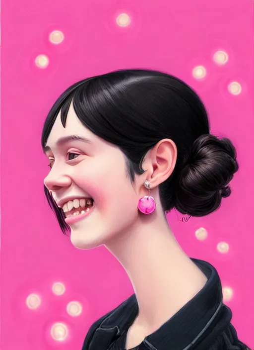 Image similar to portrait of high school girl, realistic, black hair, bangs, half updo hairstyle, pointy nose, skinny, smile, ugly, defined jawline, big chin, pink hair bow, earrings, intricate, elegant, glowing lights, highly detailed, digital painting, artstation, sharp focus, illustration, art by wlop, mars ravelo and greg rutkowski