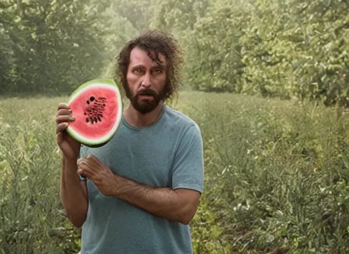 Prompt: film still of a man with a watermelon for a head in the new horror movie, 4 k