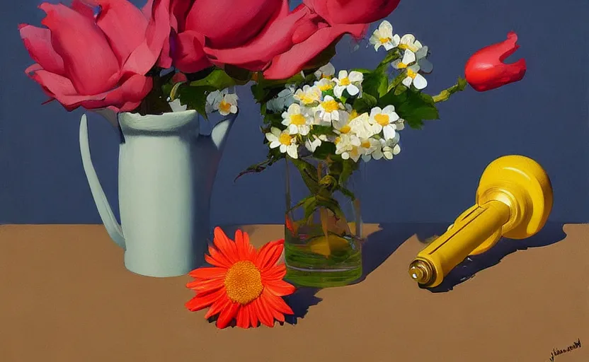 Image similar to beautiful still life featuring blooming flowers and a hand gun, very coherent, painted by Edward Hopper, painted by James Gilleard, airbrush, art by JamesJean