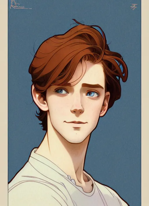 Image similar to well - lit art nouveau portrait of a young man with straight auburn hair, pale skin, freckles, light blue eyes, sad expression, casual clothes, natural lighting, path traced, highly detailed, high quality, cartoon, digital painting, by don bluth and ross tran and studio ghibli and alphonse mucha