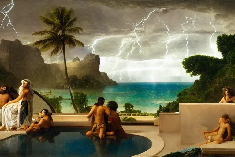 Prompt: From inside of the palace, refracted lightnings on the ocean, thunderstorm, greek pool, beach and Tropical vegetation on the background major arcana sky and occult symbols, by paul delaroche, hyperrealistic 4k uhd, award-winning, very detailed paradise