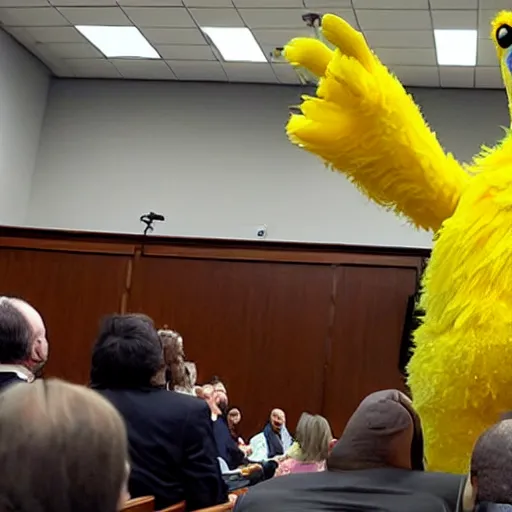 Image similar to big bird gives testimony in a court room wearing a suit