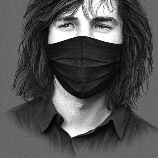 Prompt: professional pencil sketch of a young adult man with slightly long hair wearing a black face mask a black flannel shirt and black sweatpants, high quality, HD, 8K, highly detailed, award-winning