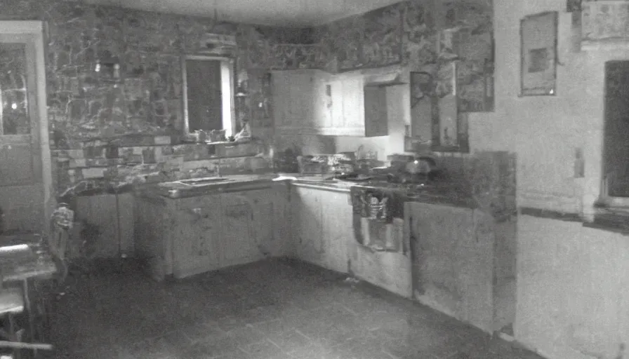 Image similar to a giant snake and a man in a stalinist style kitchen, by mini dv camera, very very low quality, heavy grain, very blurry, accidental flash, webcam footage, found footage, security cam, caught on trail cam