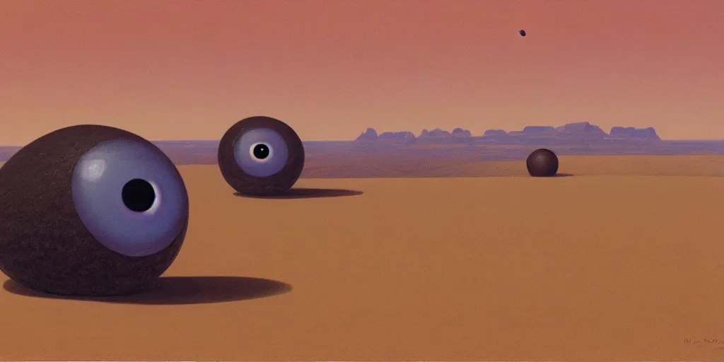 Image similar to a giant pair of eyeballs floating above a desert landscape ralph mcquarrie