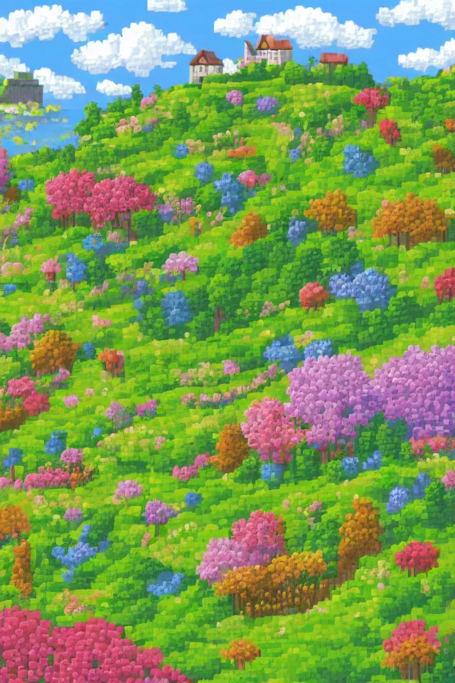 Prompt: a countryside in spring, green hills and blue sky with patches of clouds, nature in all its beauty, some houses in the background, star - shaped flowers in the foreground, we can see the sea, pixel art, detailed,