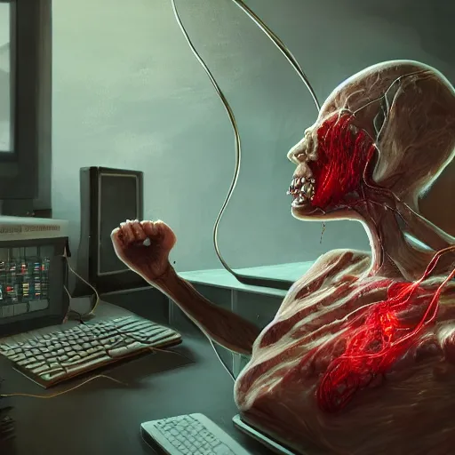 Image similar to , meat box with wires sticking out, a computer made out of flesh, computer made out of human flesh, skin on the gaming pc, personal computer horror, server, electronic, skinned alive, blood, teeth, intricate, highly detailed, digital painting, artstation, concept art, smooth, sharp focus, illustration,