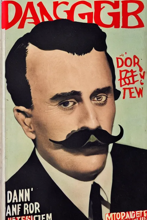 Image similar to magazine cover featuring the famous surrealist artist Danger Dan, photograph of a man with black hair and a mustache, text reads DANGER DAN