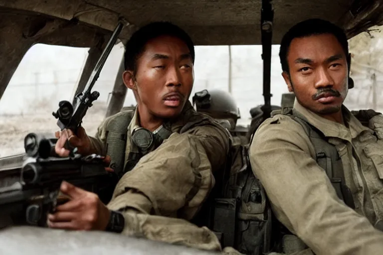 Image similar to movie diverse interracial team of Japanese robbers armed with rifles interior clean military van, beautiful skin, Symmetrical faces. natural lighting by Emmanuel Lubezki