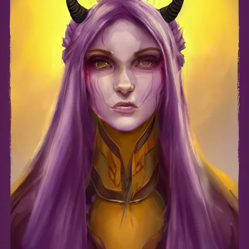 Image similar to a portrait of a cute tiefling girl with a scar along her face, skin colour purple, horns from her head, yellow eyes, cleric, dnd art, fantasy, digital art, high quality.