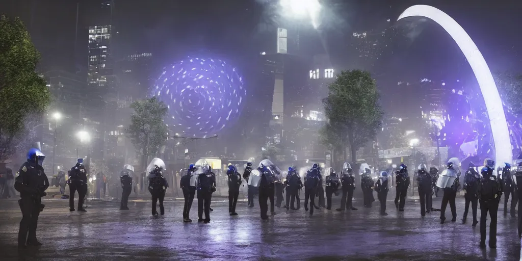 Image similar to policemen protecting a huge spiral - shaped bright white luminous attractor right in the center of the city from protesting people,, rain and light fog, professional lighting, concept art in 3 d, high detail, professional lighting, unreal engine